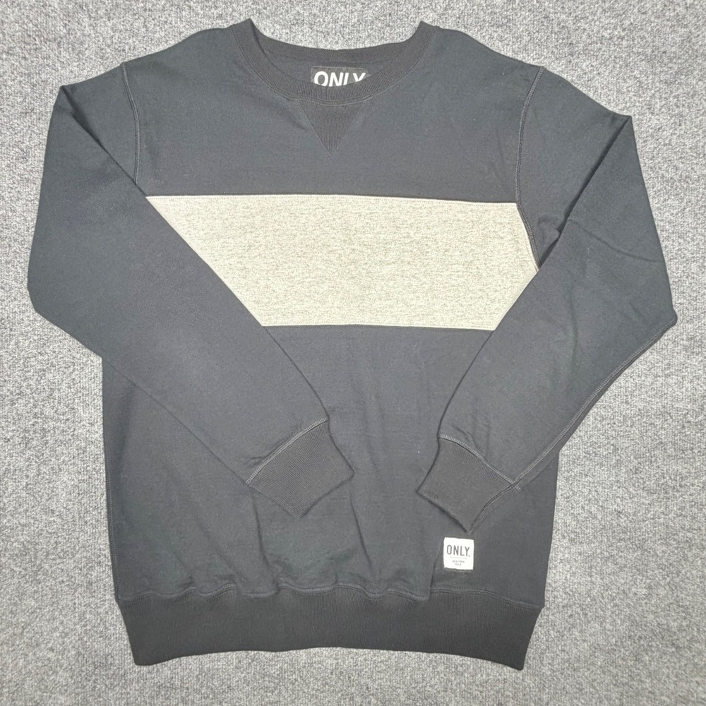 Only NY Mens L Crewneck Sweatshirt Colorblock Black Grey Made in USA Cotton NWOT